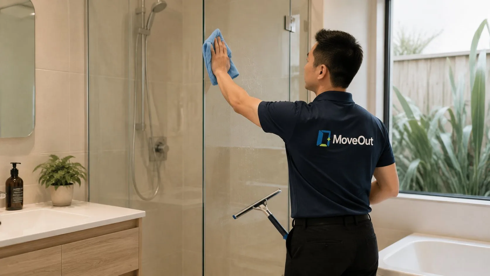One cleaner in a MoveOut uniform wiping shower glass in a bathroom with New Zealand garden plants outside
