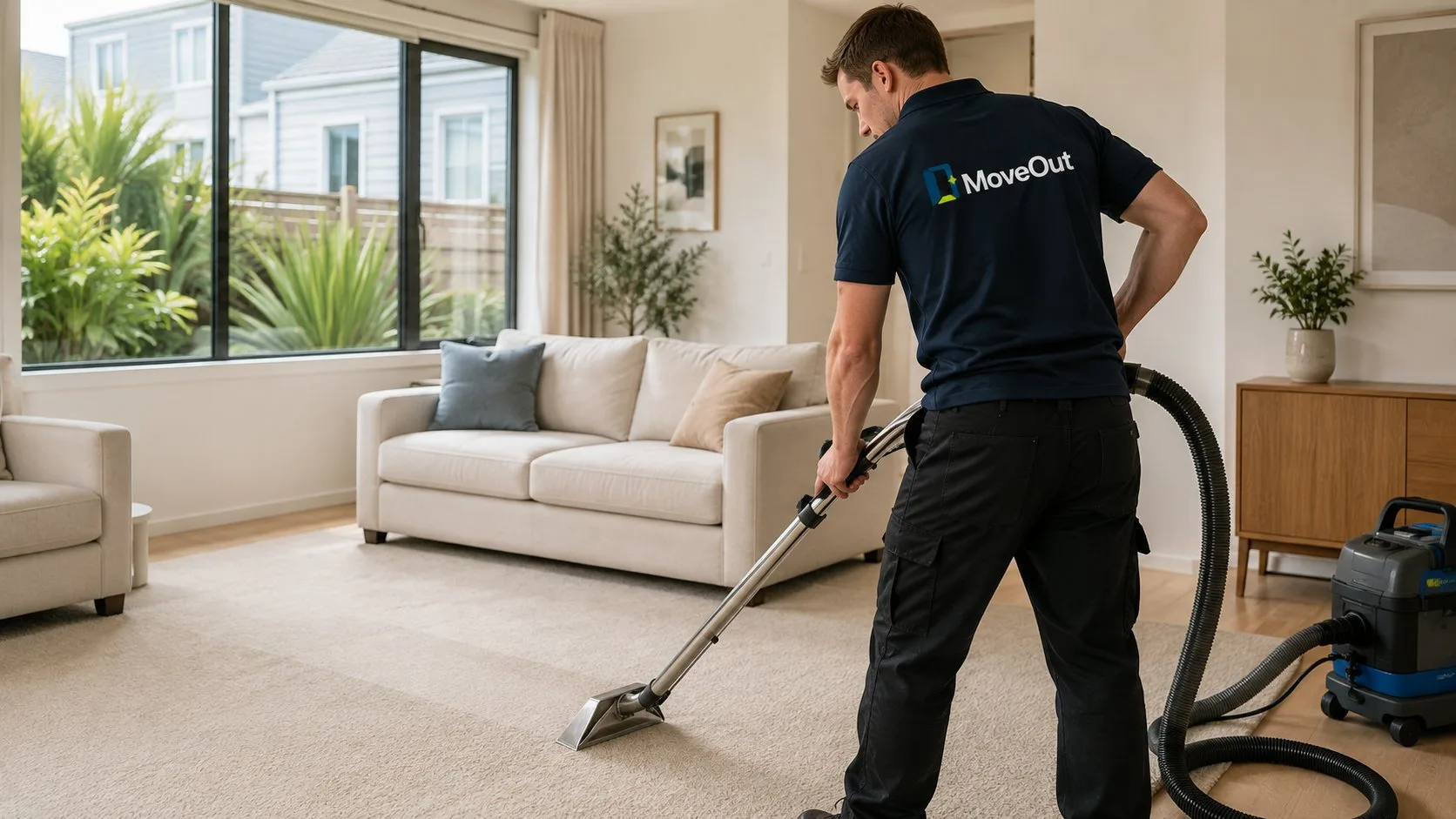 One cleaner in a MoveOut uniform using professional carpet extraction equipment inside an Auckland home